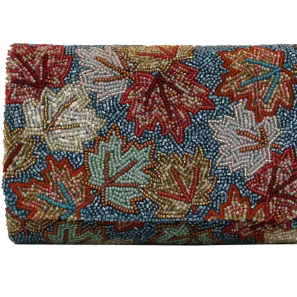 Teal Beaded Clutch With Multicolored Leaves