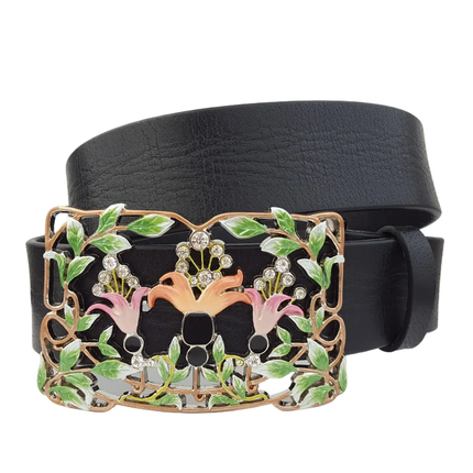 Genuine Leather Belt W. Western-Inspire Floral Buckle close up