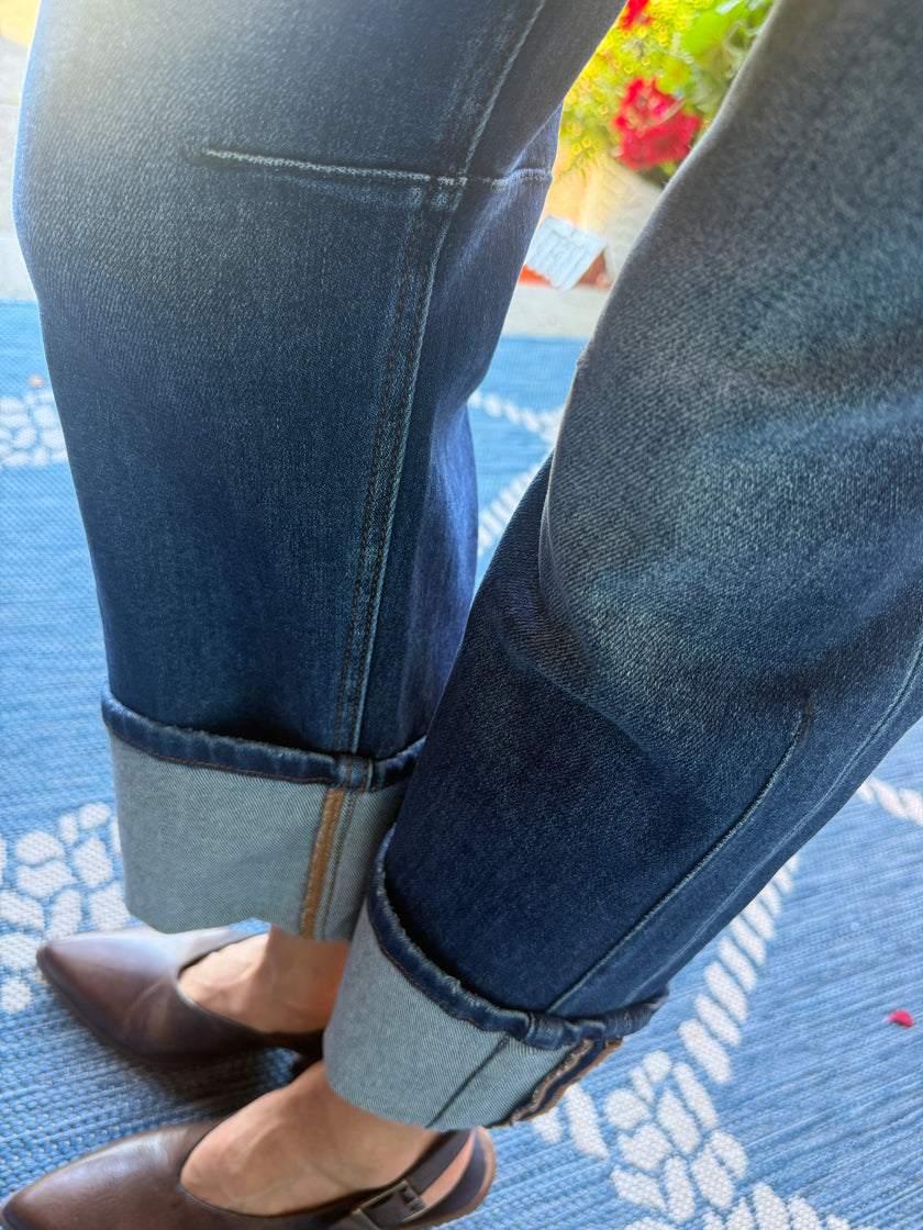 High Rise Straight Cuffed Hem Jeans -Stretchy