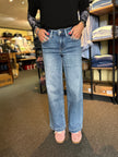Mid Rise Medium Wash Ankle Wide Jeans, cherish-front