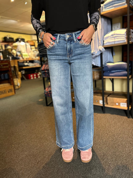 Mid Rise Medium Wash Ankle Wide Jeans, cherish-front