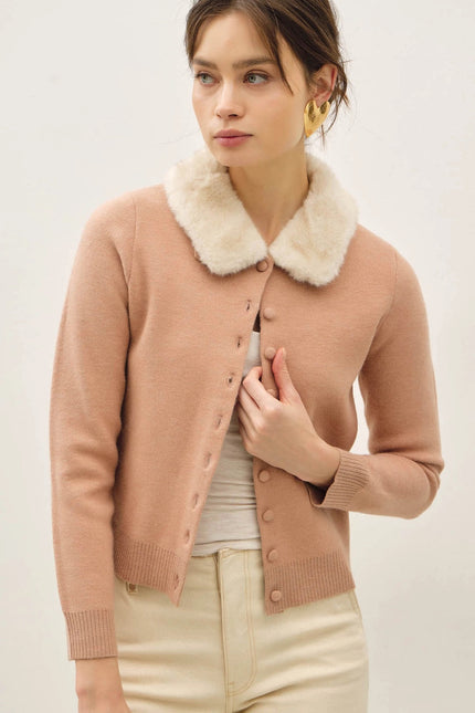Elena Attachable Faux Fur Cardigan, dusty peach-front