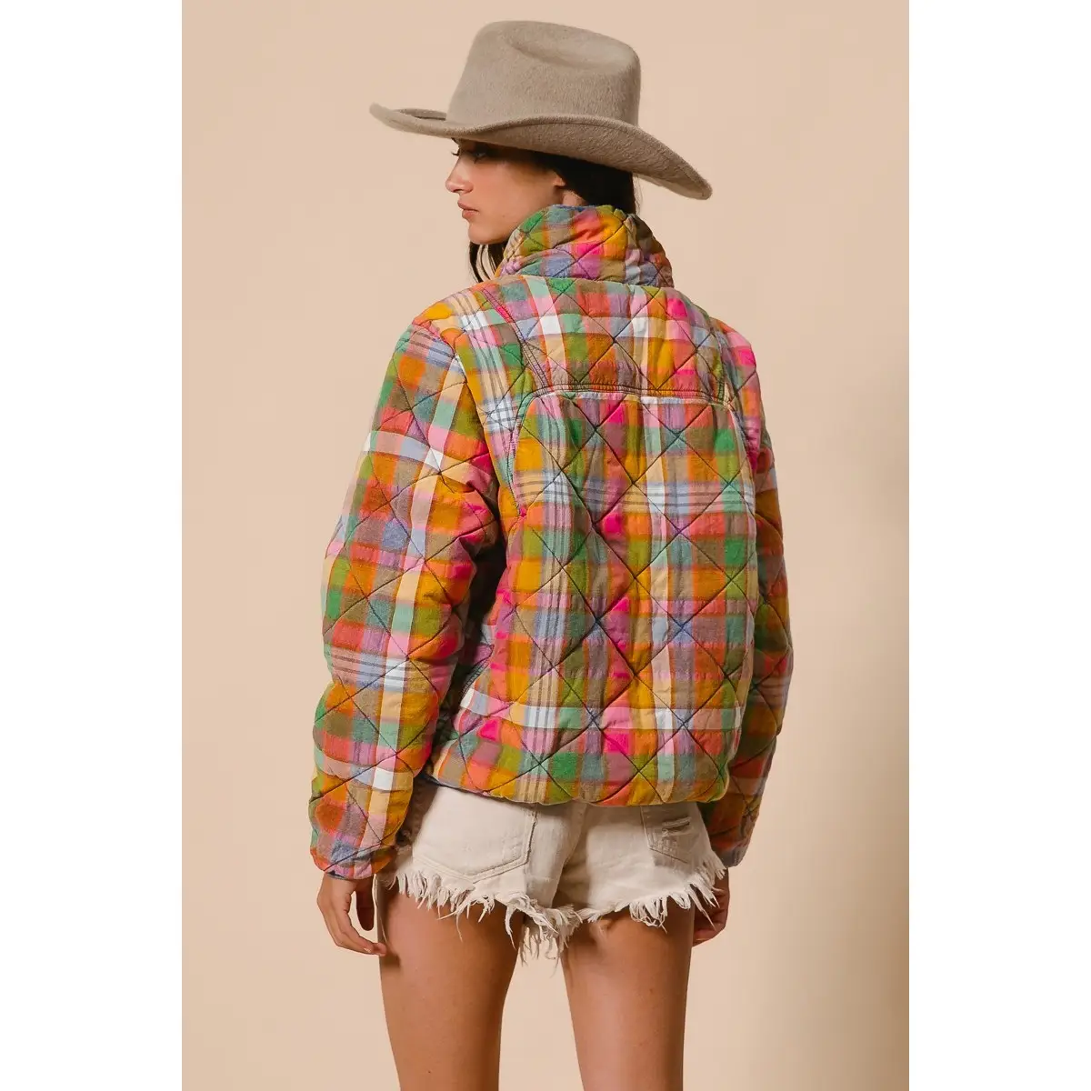 Bleached Vintage Plaid Quilted Jacket with Pockets