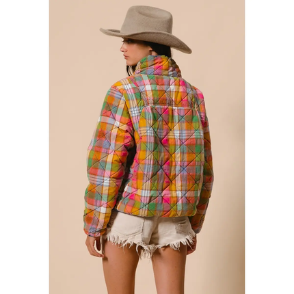 Bleached Vintage Plaid Quilted Jacket with Pockets
