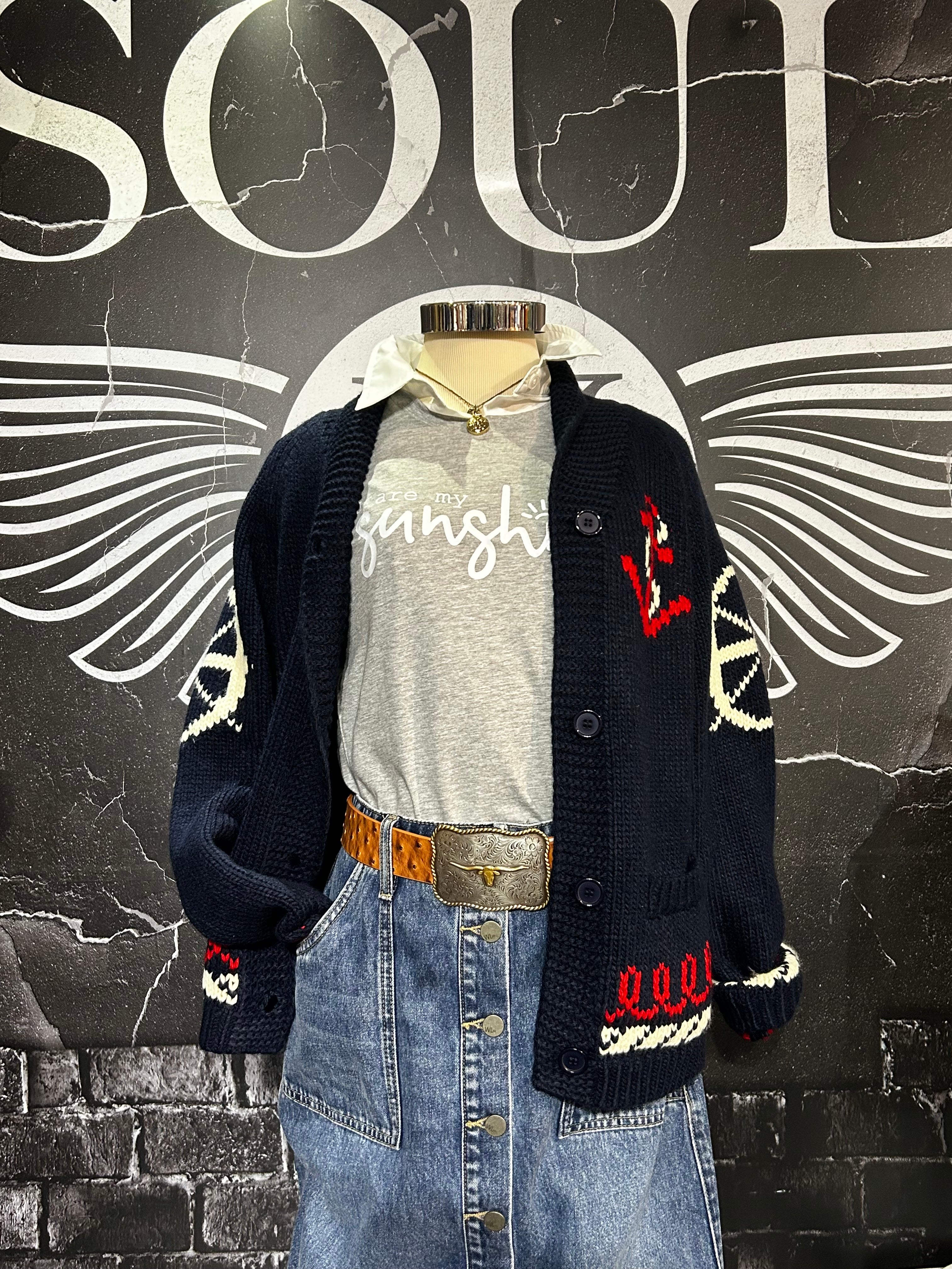 Varsity Chunky Sailboat Cardigan navy base styled