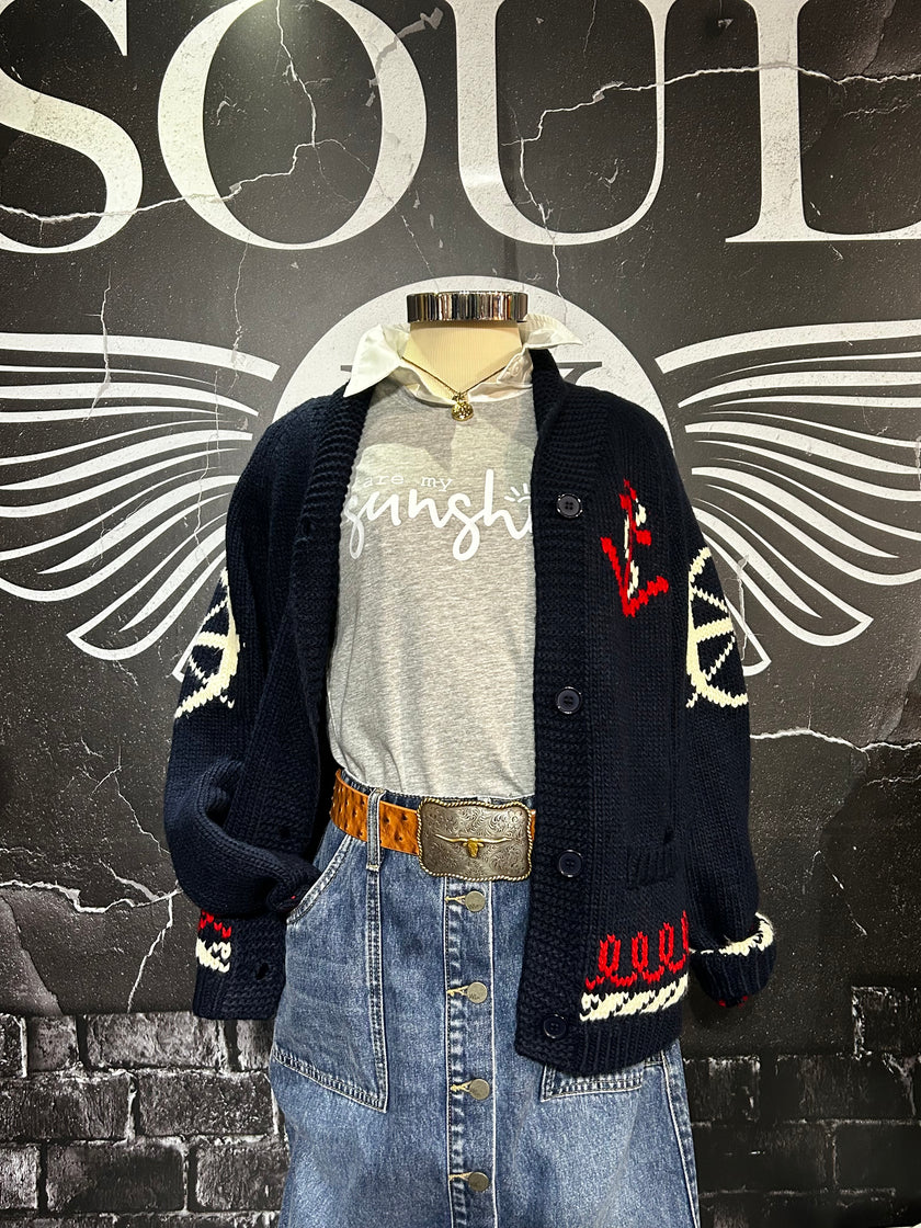 Varsity Chunky Sailboat Cardigan navy base styled