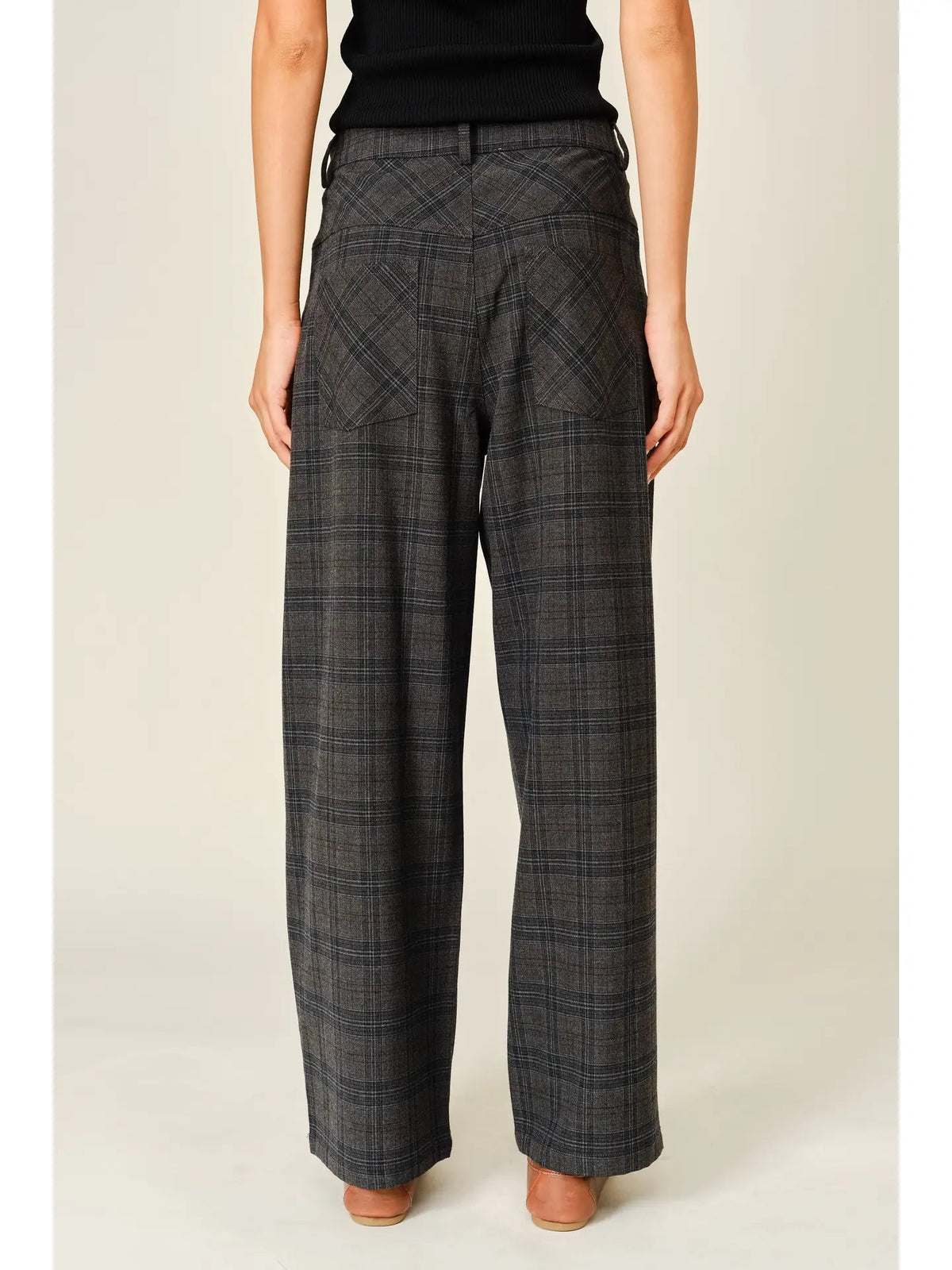 Audrey Classic Plaid Pleated Pants, grey multi-back
