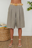Linen Wide-Leg Bermuda Shorts W Belt