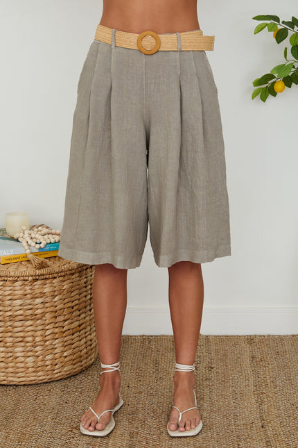 Linen Wide-Leg Bermuda Shorts W Belt