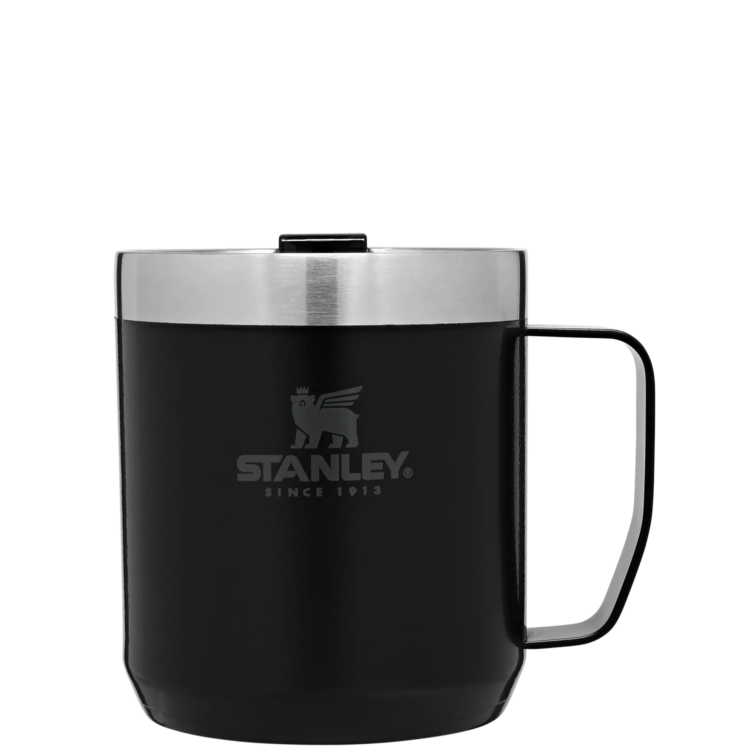 The Stanley Classic Legendary Camp Mug | 12oz in black features double-wall vacuum insulation, a silver Tritan lid and handle, the Stanley logo, and 