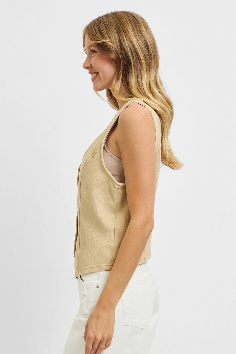 V-neck Button Down Vest latte side