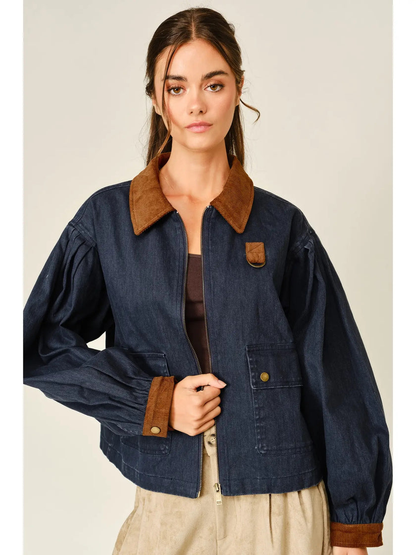 Contrast Collar Pleated Bubble Sleeve Barn Jacket