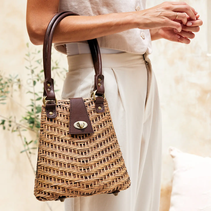 Rattan Handbag with Leather Elbow Strap-front