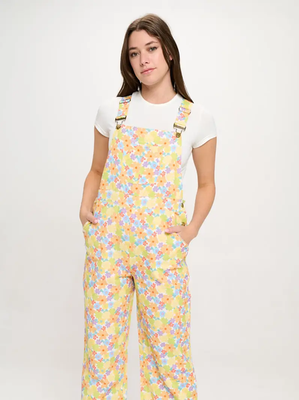 COLORFUL BLOOMING FLOWERS PRINT OVERALLS front