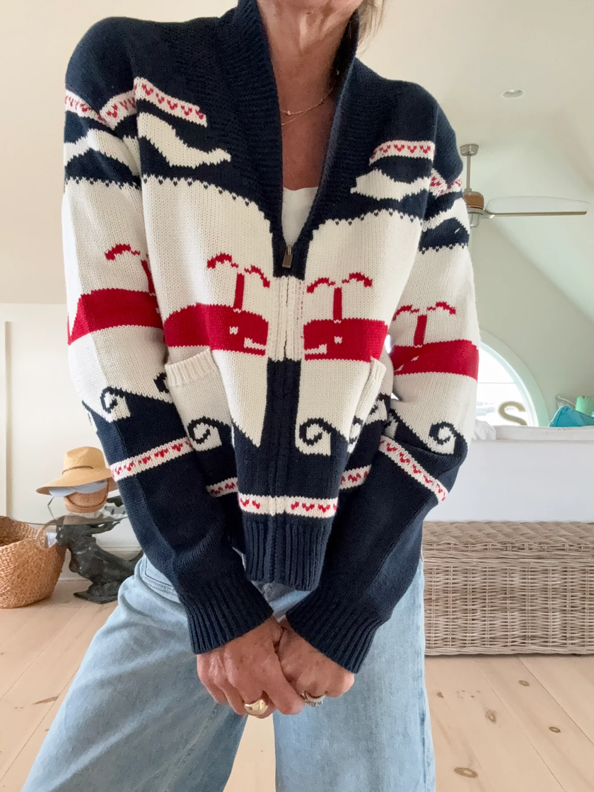 Whale Zip Cardigan ivory, navy, red