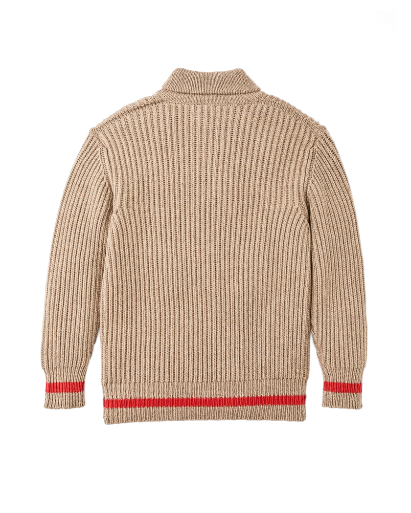 bristol shawl neck sweater oatmeal heather flame stripe back