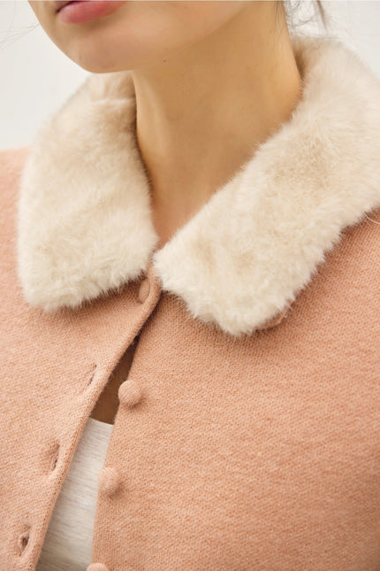 Elena Attachable Faux Fur Cardigan, dusty peach-collar detail