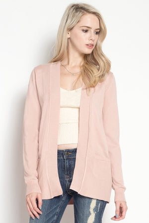 Mindy Ribbed Open Cardigan With Pockets pink
