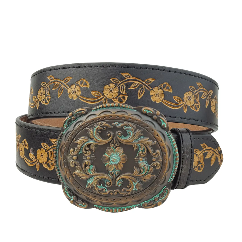 Western Brass Buckle W Vintage Floral Tooled Belt - Black close up
