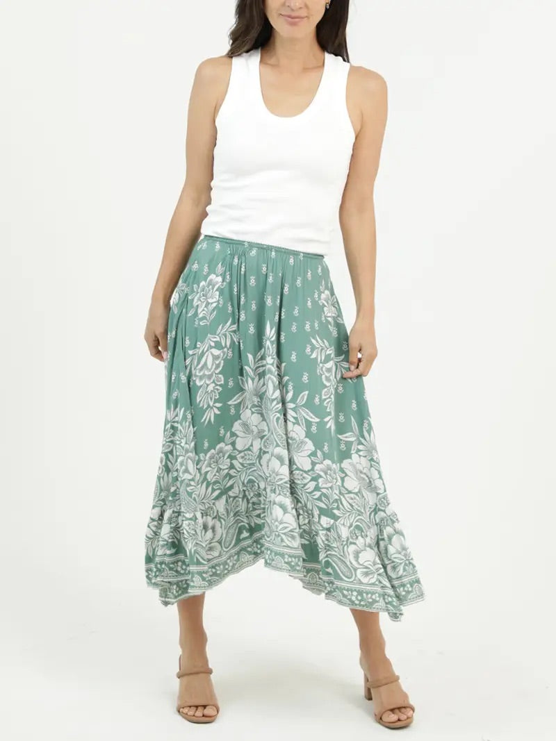 Printed A Line Hanky Hem Midi Skirt Green