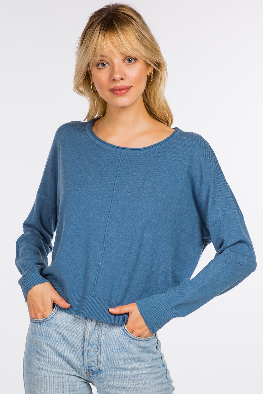Natalie Round Neck Front Seam Sweater Heather Denim