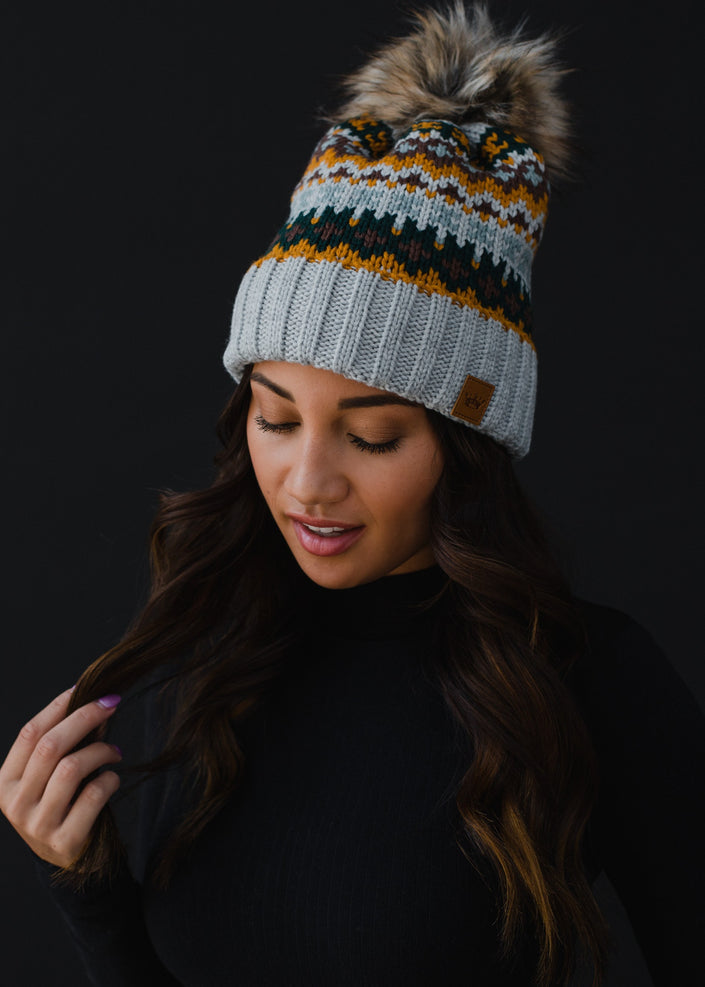 Grey & Multicolored Patterned Pom Hat