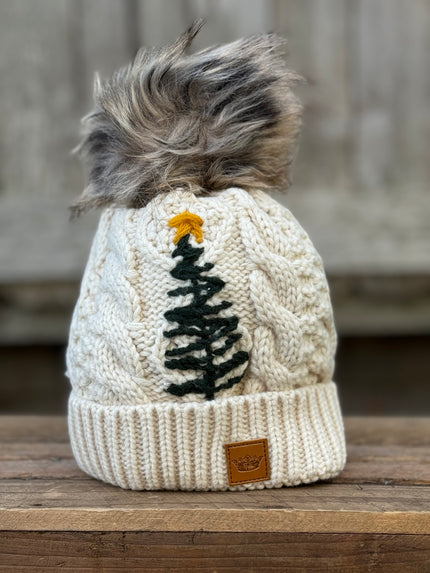 Beige Cable Knit Pom Hat w/ Embroidered Tree-front
