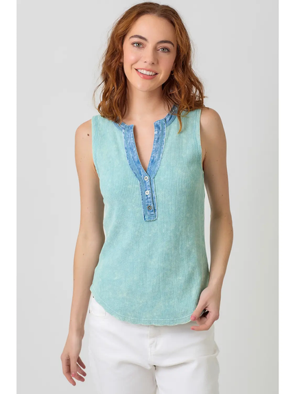 Alex Washed Sleeveless Henley Top Seafoam
