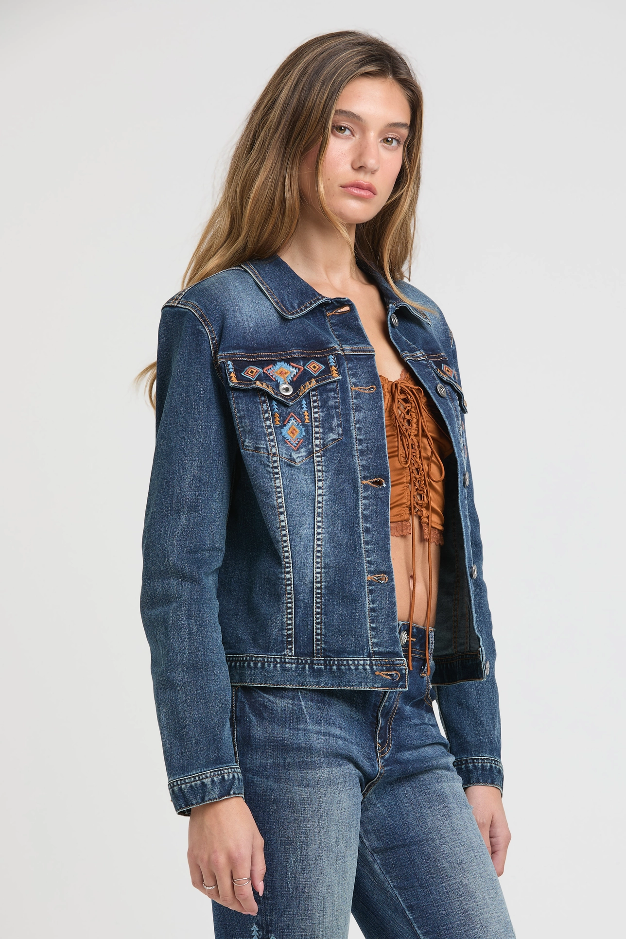 Aztec Embroidered Denim Jacket front/side unbuttoned