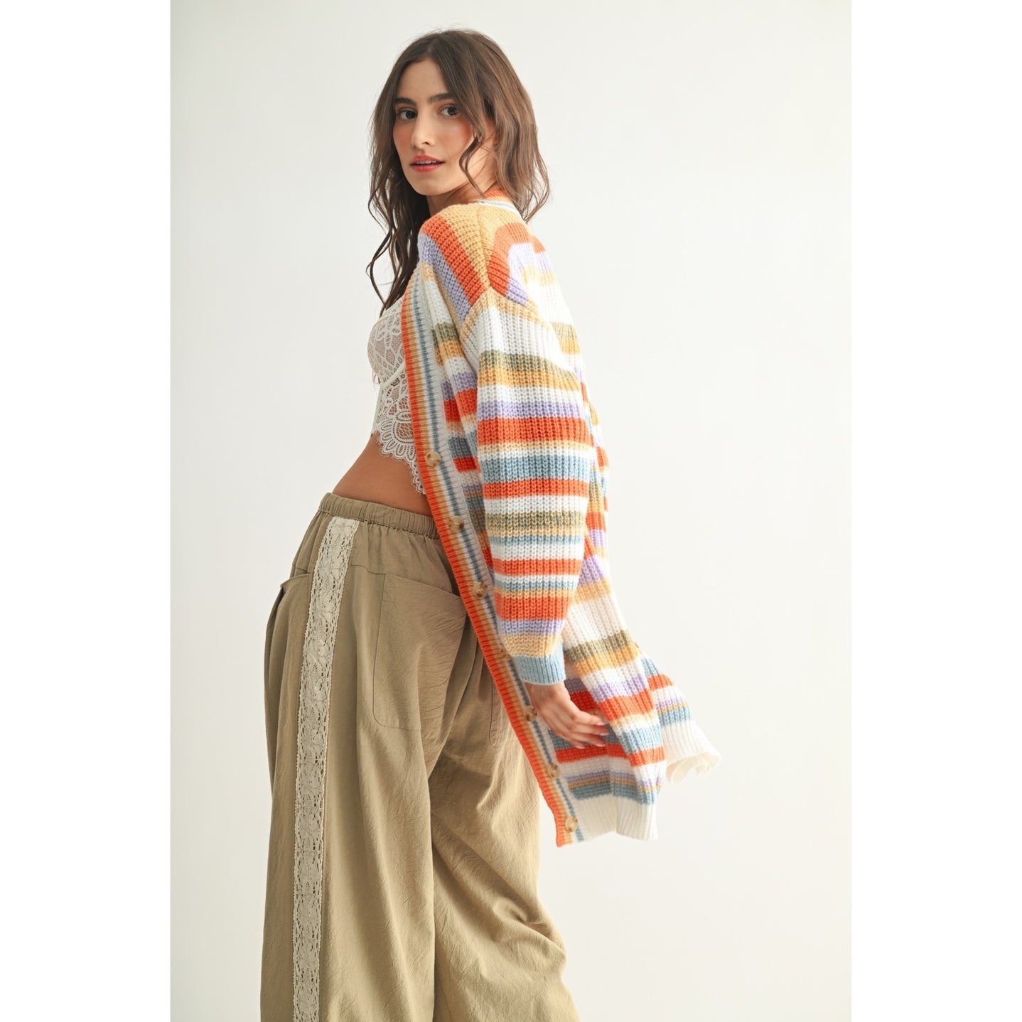 Multicolor Striped Button Up Knit Cardi, multi-Side