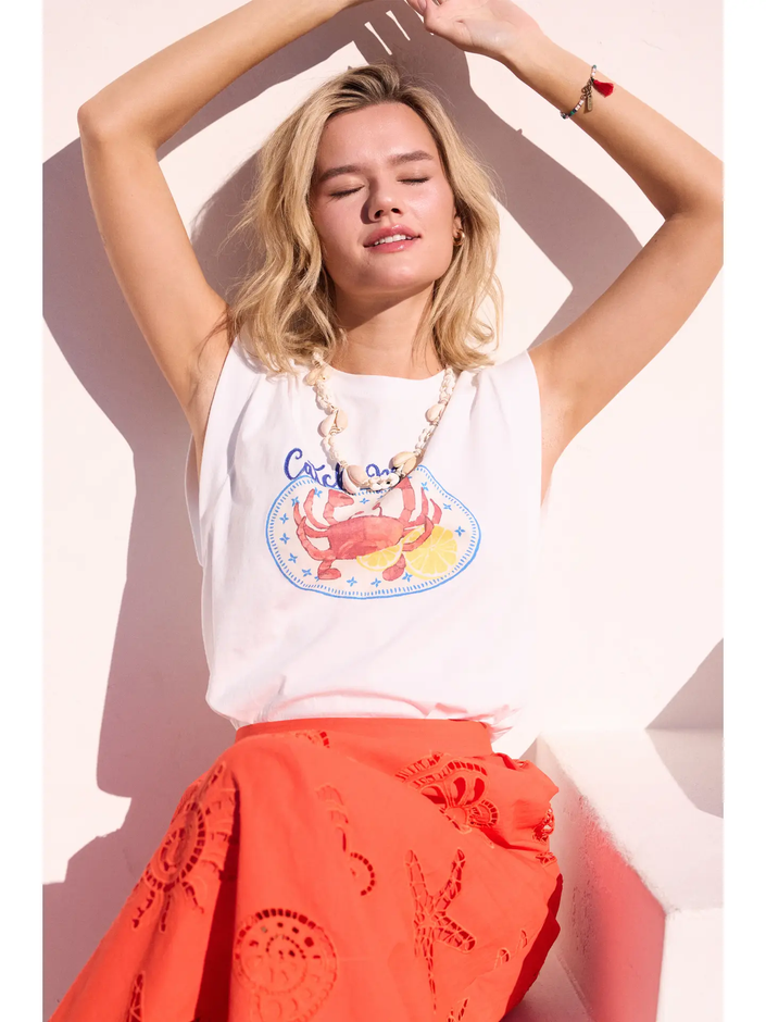 Catch Me Crab Graphic Sleeveless Tee, white