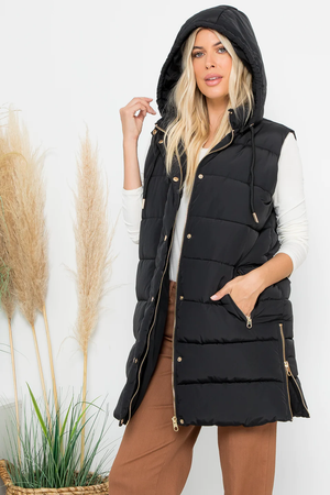 River Long Hoodie Puffer Vest W Hood | Black