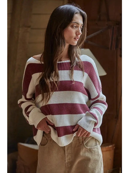 Courtney Striped Knit Sweater, wine/white-front