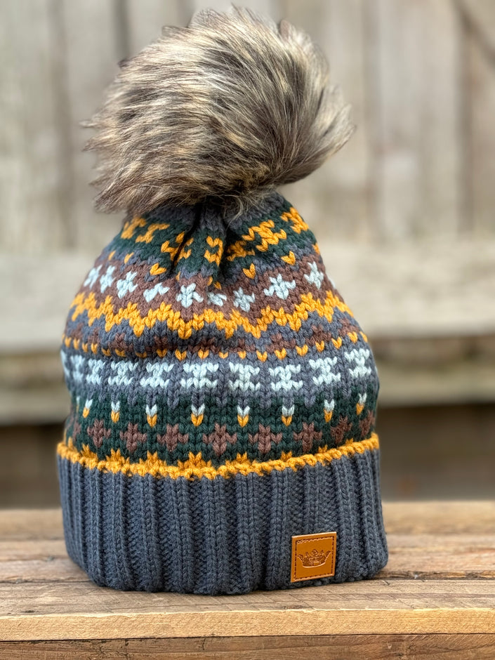 Dusty Blue & Multicolored Patterned Pom Hat