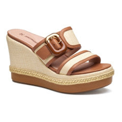 Addison Buckle-Strap Wedge, natural raffia/cognac nappa leather-side