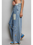 Elastic Waist Heart Floral Print Patch Wide Denim Pant