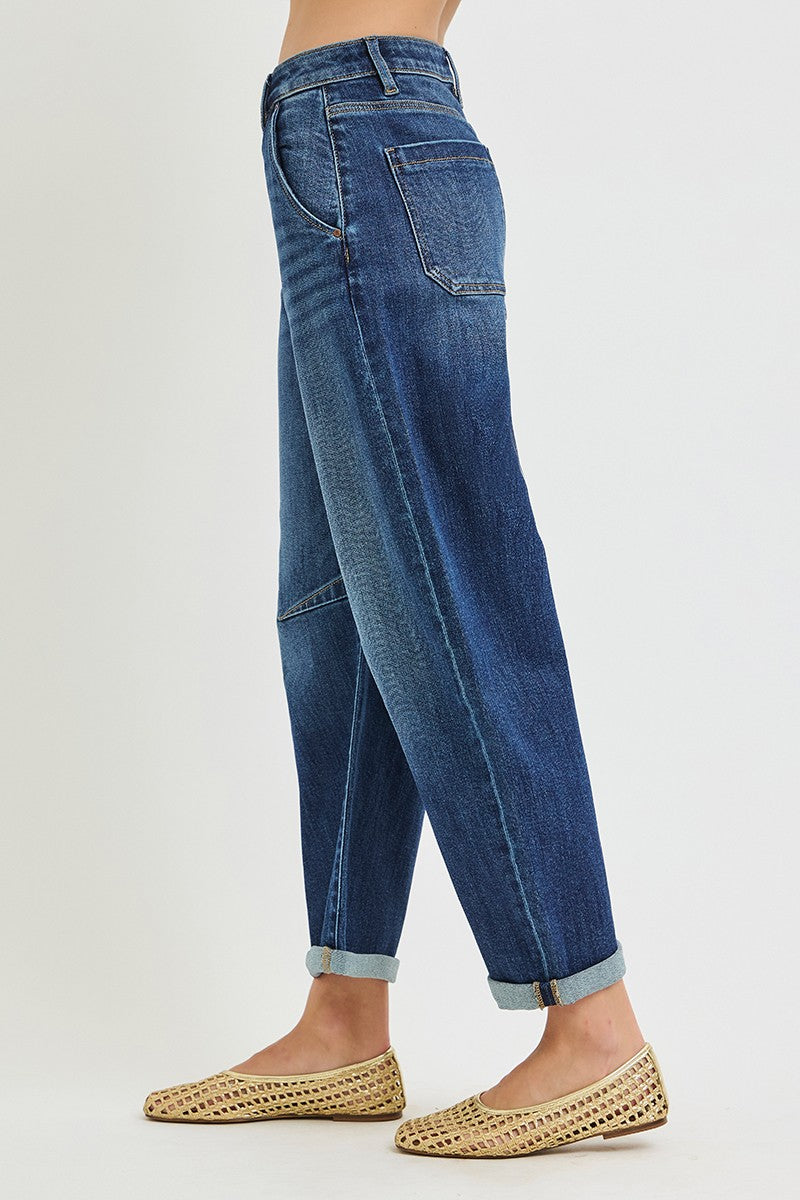 Slouchy Crop Barrel Cuffed Jeans-Stretchy