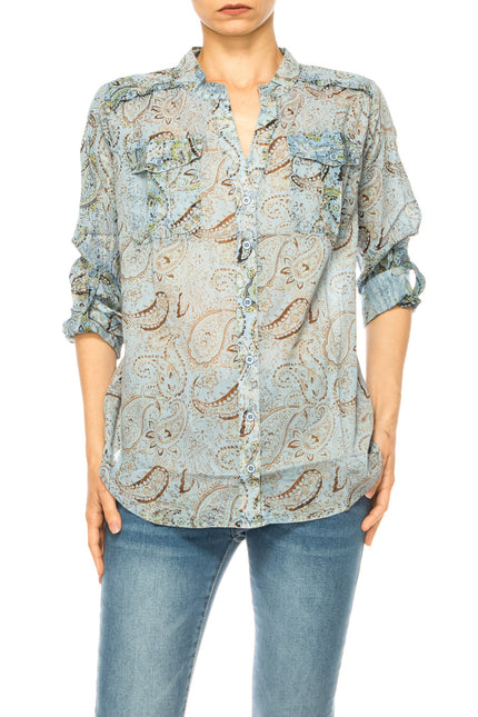 Floral Paisley Button Down Tunic with Vintage Wash