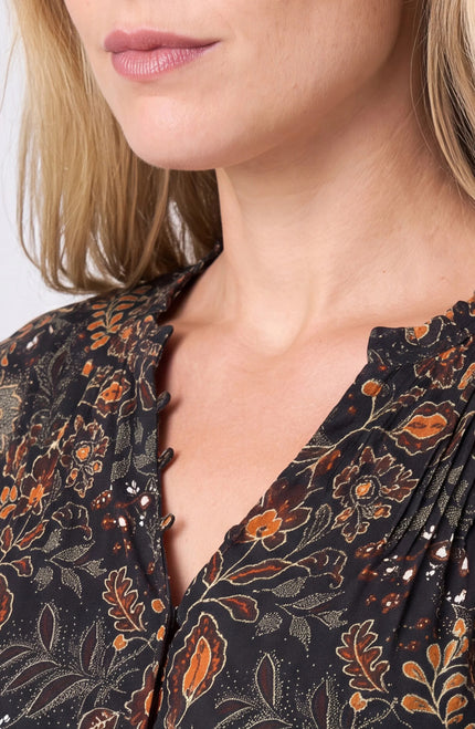 October Vines Woven Blouse, black/rust-neckline detail