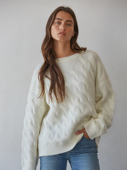Knit Sweater Cable Knit Round Neck Pullover, ivory-front