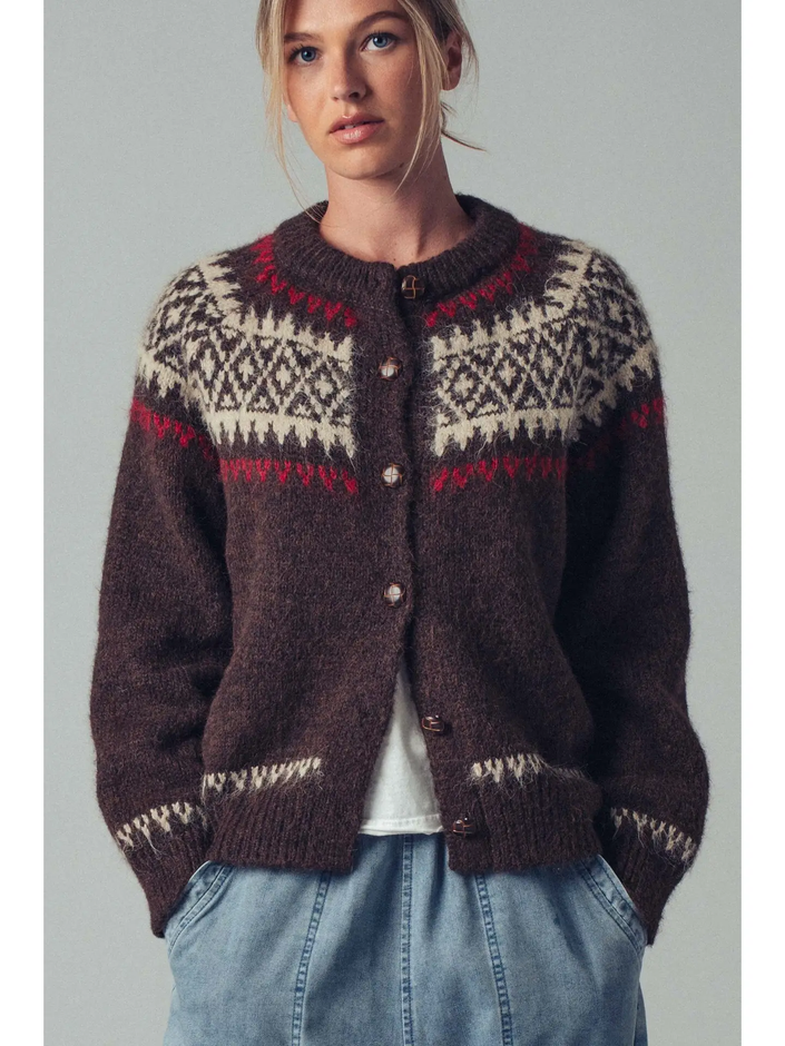 Nordic Fair Isle Wool Blend Sweater Cardigan brown
