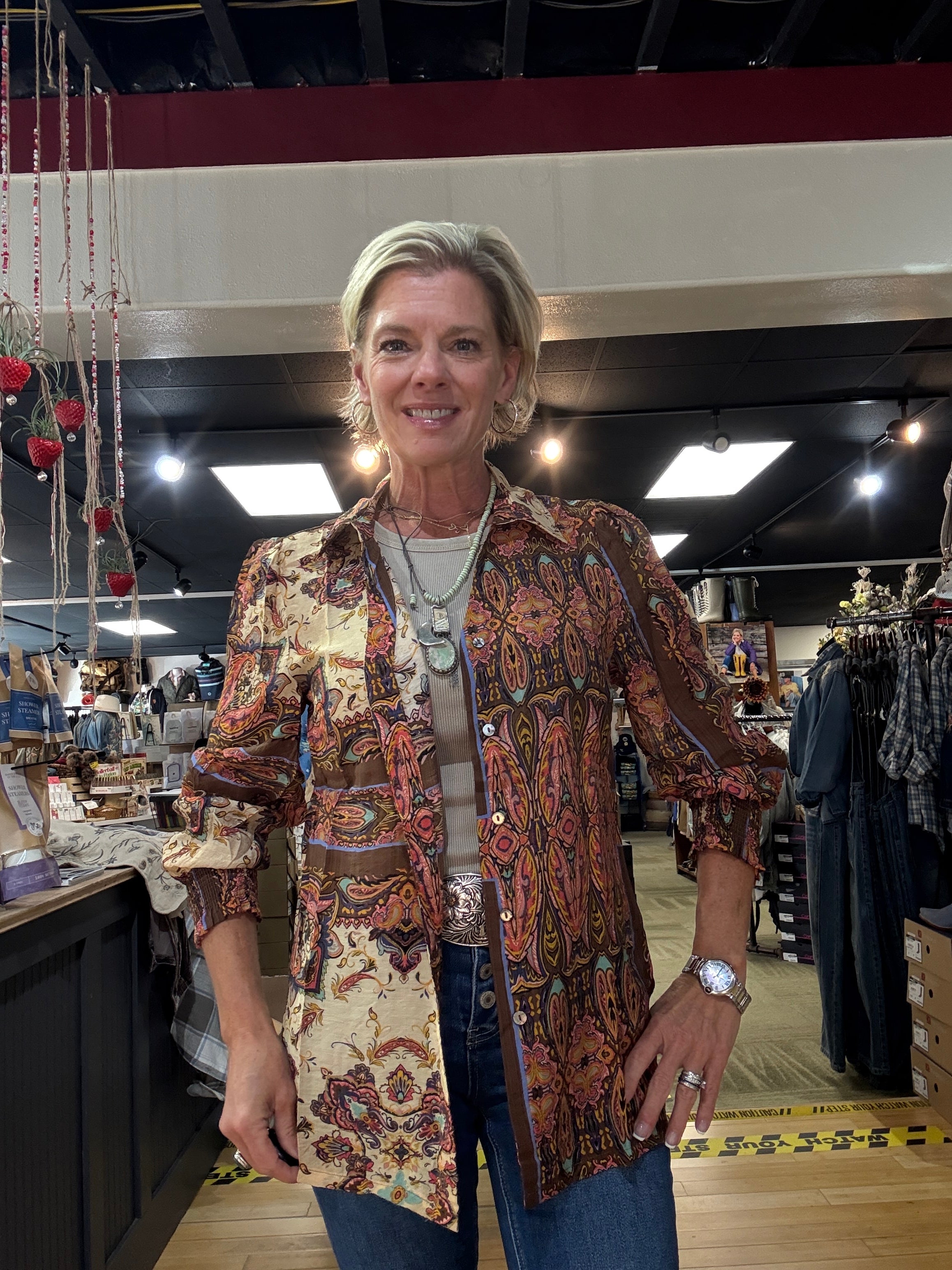 PRINT VOILE BUTTON FRONT SHIRT olive front