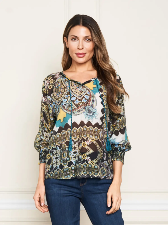  Print Notch Neck Peasant turquoise paisley