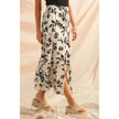 Floral Woven Print Front Slit Boho Skirt, Black/Ivory