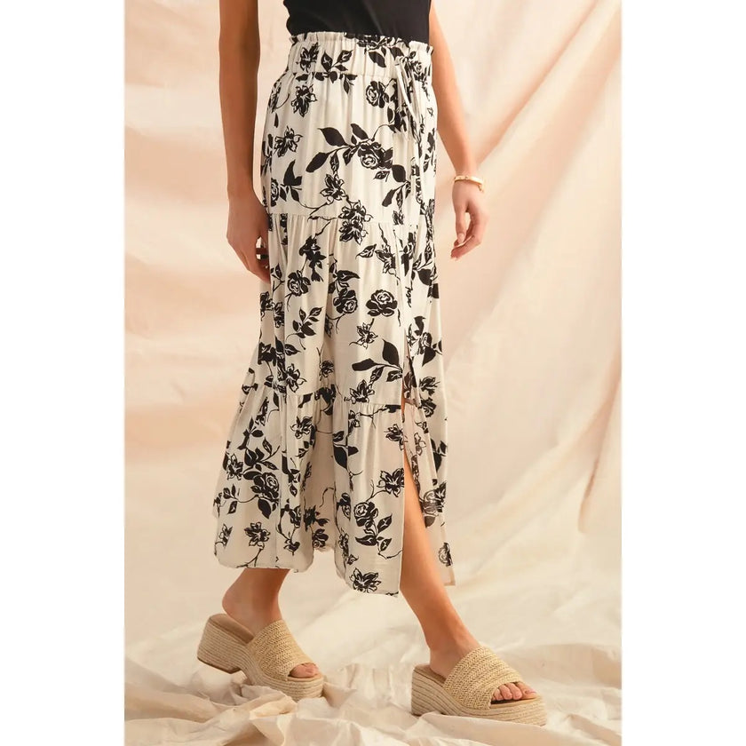 Floral Woven Print Front Slit Boho Skirt, Black/Ivory