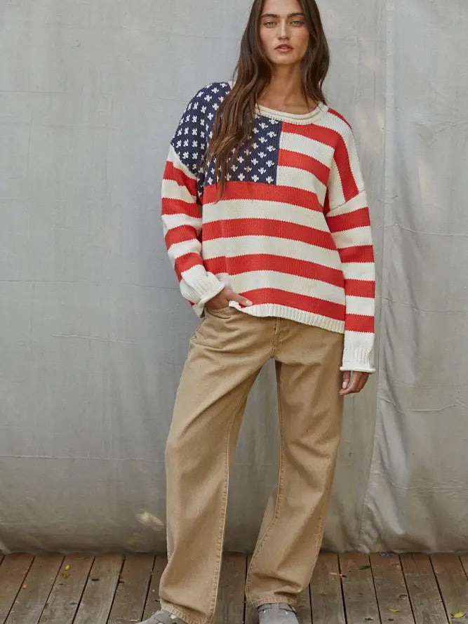 Knit Sweater Polyester American Flag Striped Top