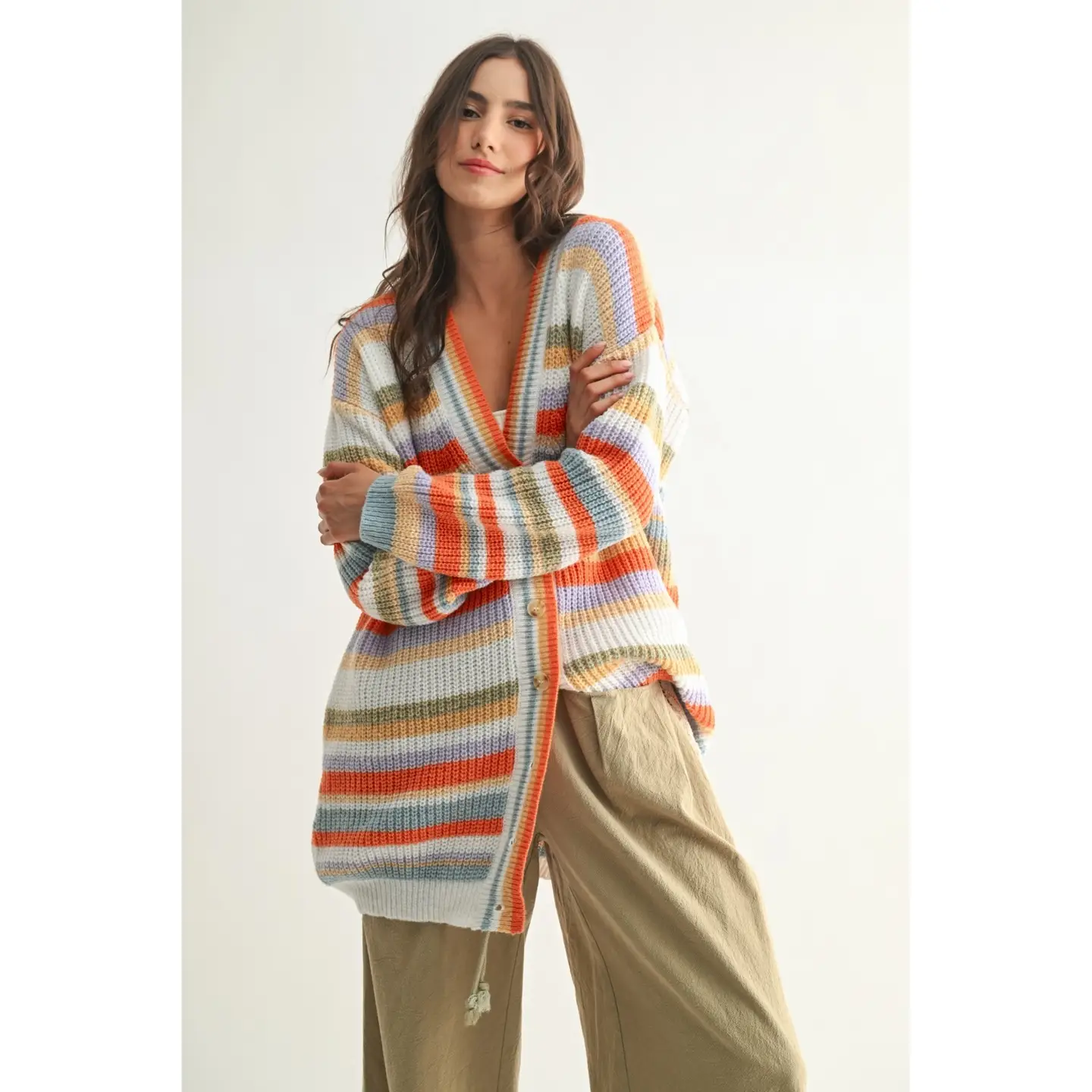 Multicolor Striped Button Up Knit Cardi, multi- Front