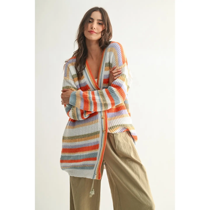 Multicolor Striped Button Up Knit Cardi, multi- Front
