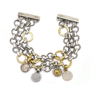 Vintage Silver Flat Ring Triple Chain Charm Bracelet | 7.25