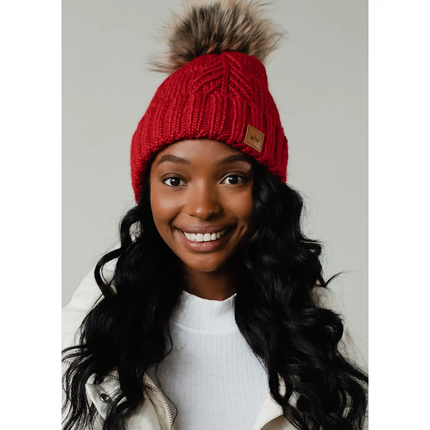 Red Decorative Cable Knit Pom Hat